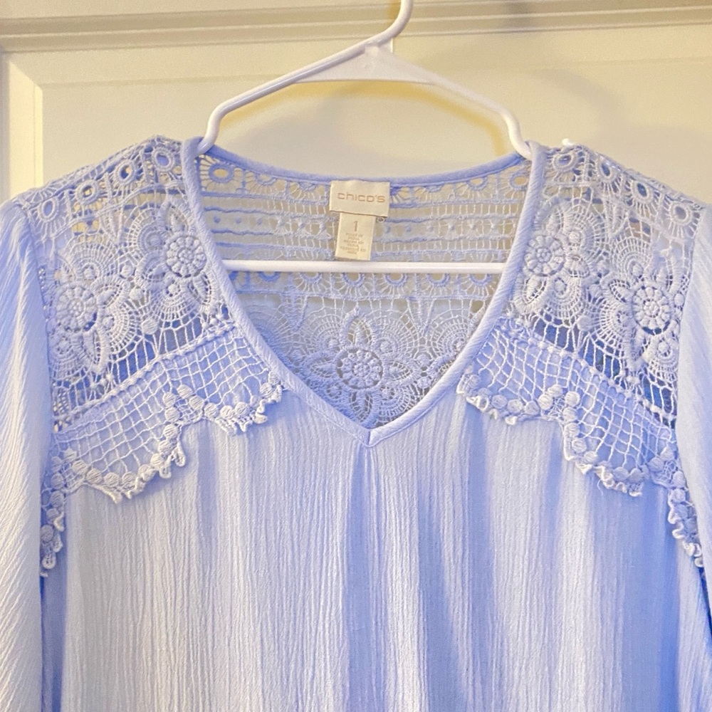 Chico’s baby blue crochet blouse, size 1. - Picture 3 of 8